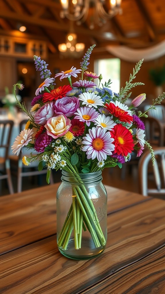 A rustic floral centerpiece in a glass jar filled with colorful wildflowers, placed on a wooden table