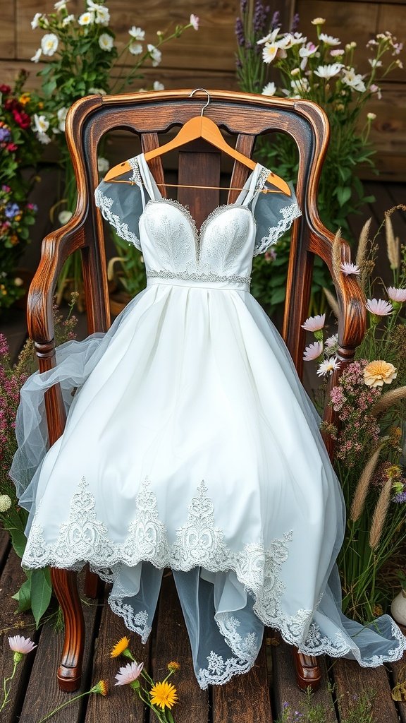 A beautiful white wedding dress with lace details hanging on a wooden chair, surrounded by flowers in a rustic setting.