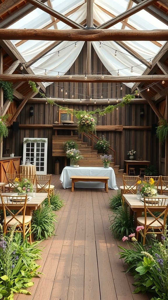 Rustic wedding venue decorated with wildflowers and wooden elements