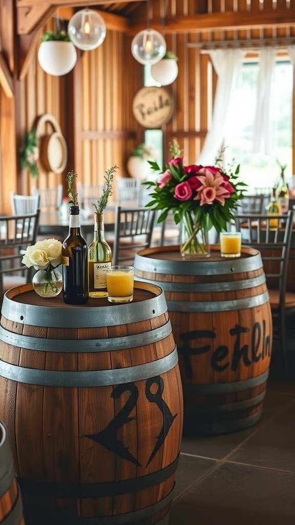 Wine barrel displays with flowers and drinks at a wedding venue
