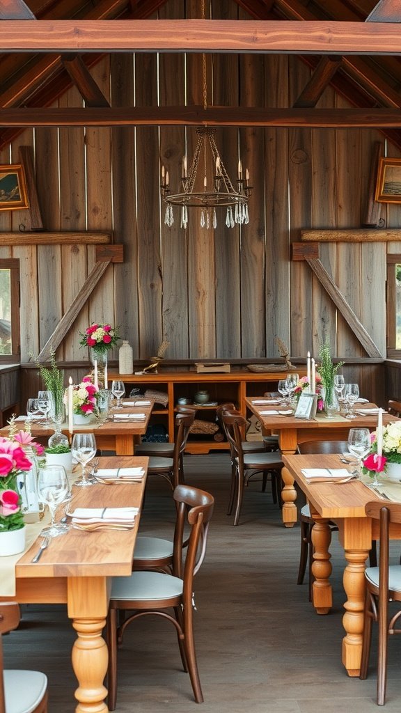 A beautifully decorated rustic wedding venue with wooden tables, a chandelier, and floral arrangements.