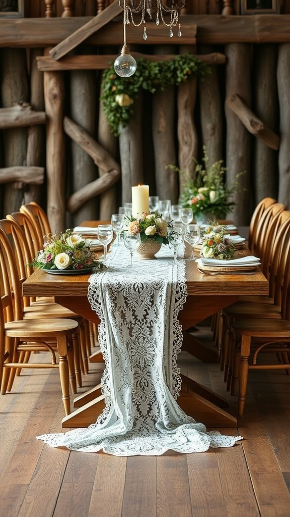 A rustic wedding table setting featuring a wooden table with a lace runner, floral arrangements, candles, and glassware.