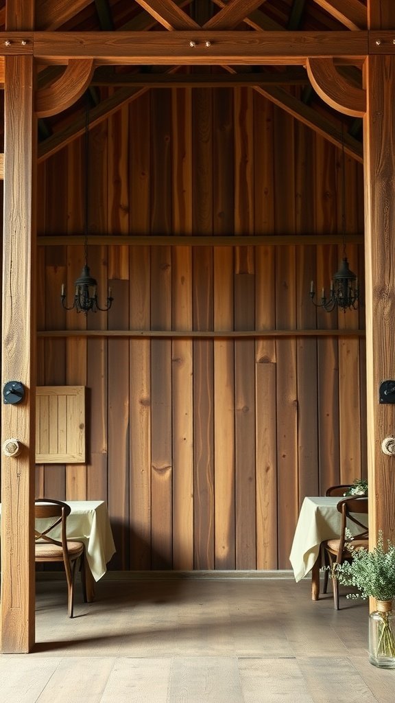 35 Stunning Wedding Wallpaper Ideas to Transform Your Venue Interior with rustic wood paneling, featuring two tables, soft lighting, and a cozy atmosphere