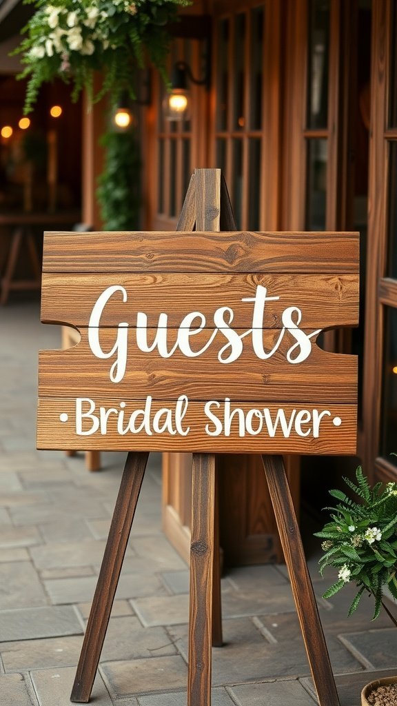 Wooden sign with 'Guests' and 'Bridal Shower' written in white lettering.