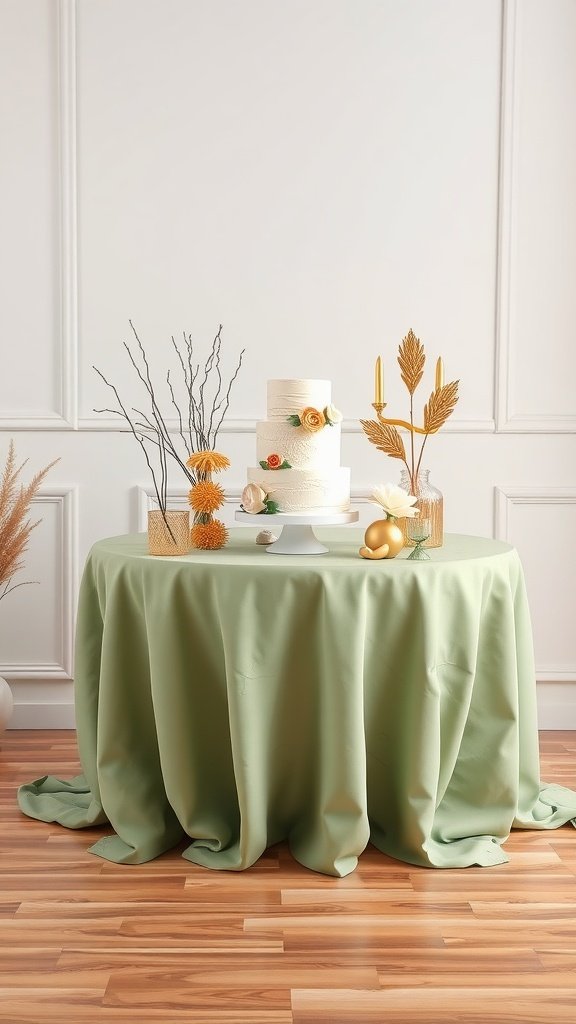 Elegant wedding cake display with sage green tablecloth and gold accents.