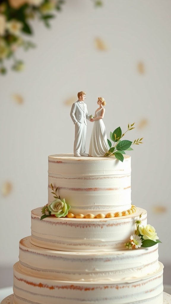 A three-tier wedding cake with a sage green and gold theme, topped with figurines of a bride and groom.