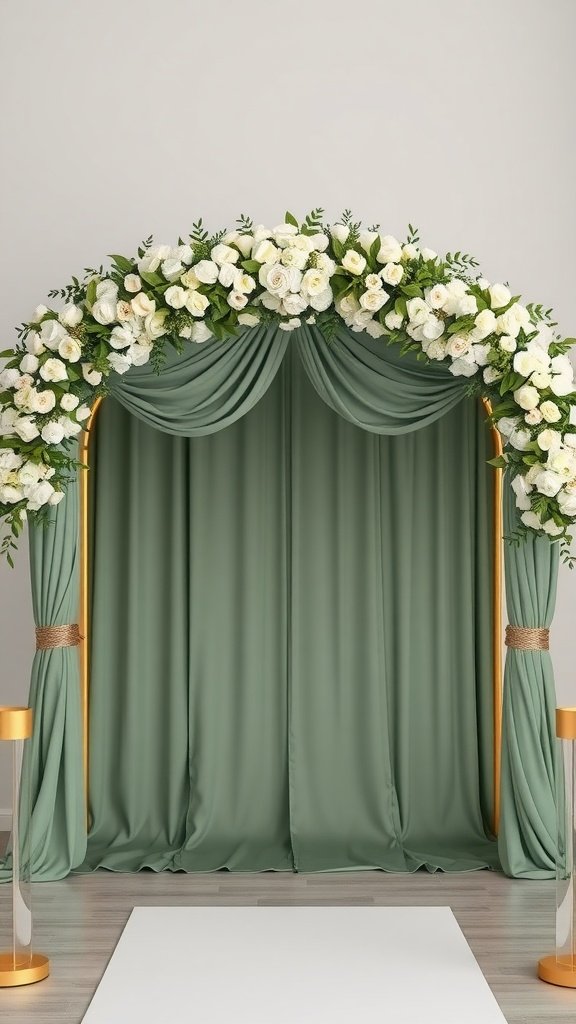 A beautiful wedding ceremony arch featuring sage green drapes and white flowers with gold accents.