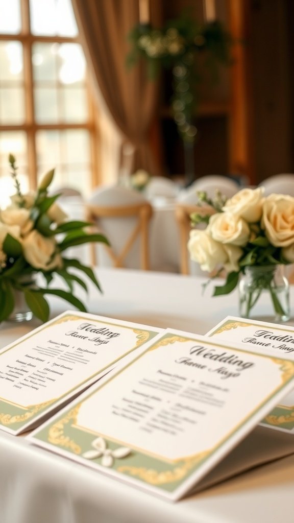 Ceremony programs in sage green and gold theme displayed on a table with flowers.