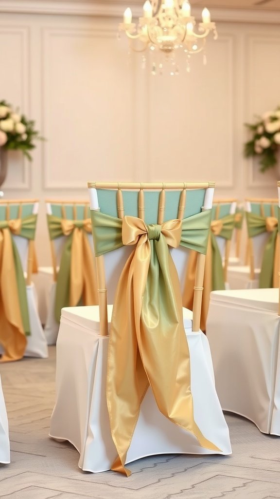 Chairs with sage green and gold sashes in a wedding setting