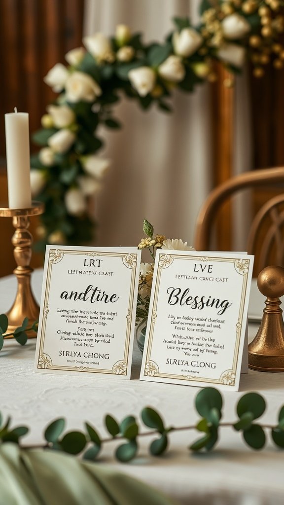 Sage green and gold wedding theme with curse and blessing cards on a table