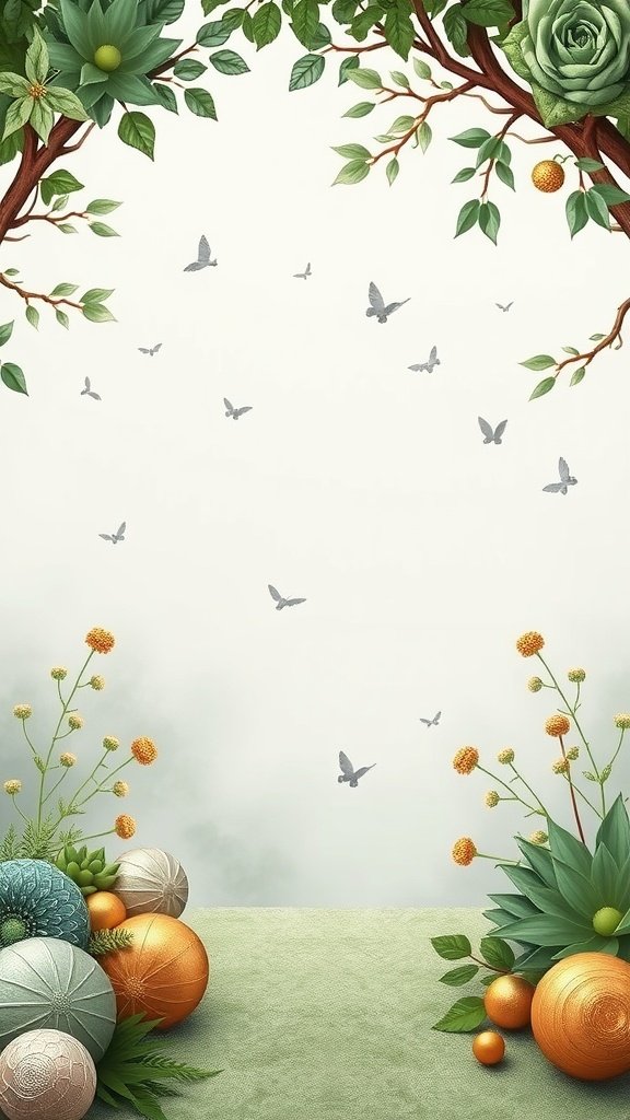 A serene illustration with sage green and gold elements, featuring flowers and decorative orbs, perfect for a wedding theme.