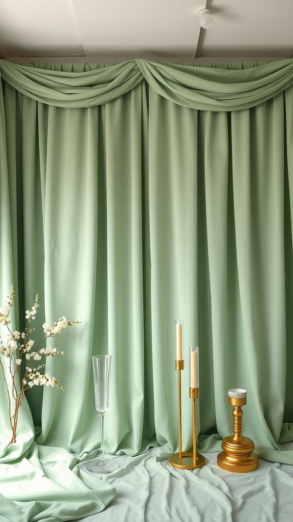 A sage green and gold themed photo booth with draped green fabric, golden candlesticks, and a champagne flute.