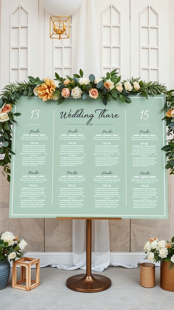 Sage green and gold wedding seating chart adorned with flowers