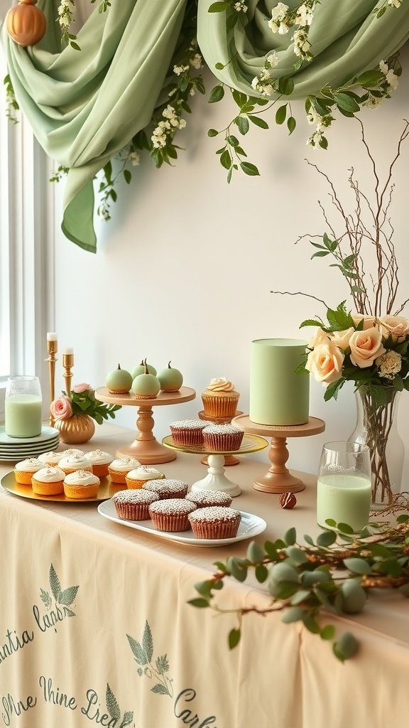 Sage green and gold themed dessert table with cupcakes, macarons, and decorations