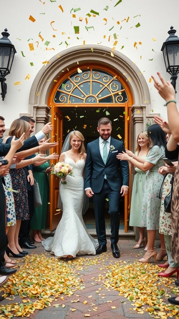 A bride and groom exiting a venue with gold confetti in a sage green and gold themed wedding.