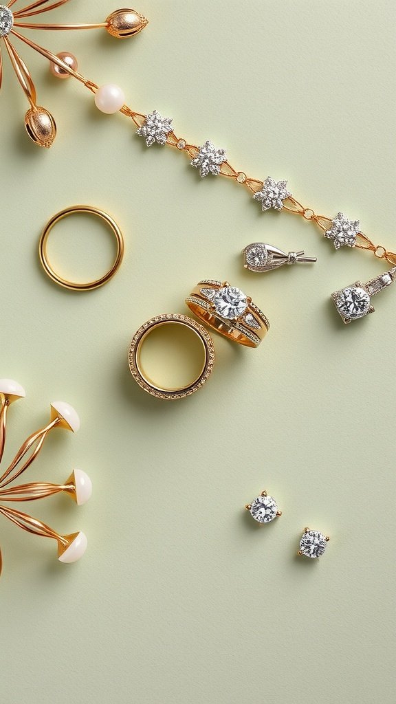 Elegant jewelry and accessories in gold and sparkling stones against a sage green background.
