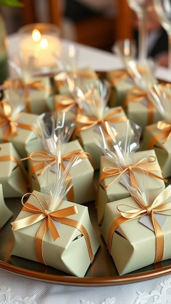 Elegant sage green wedding favors wrapped in gold ribbon on a platter