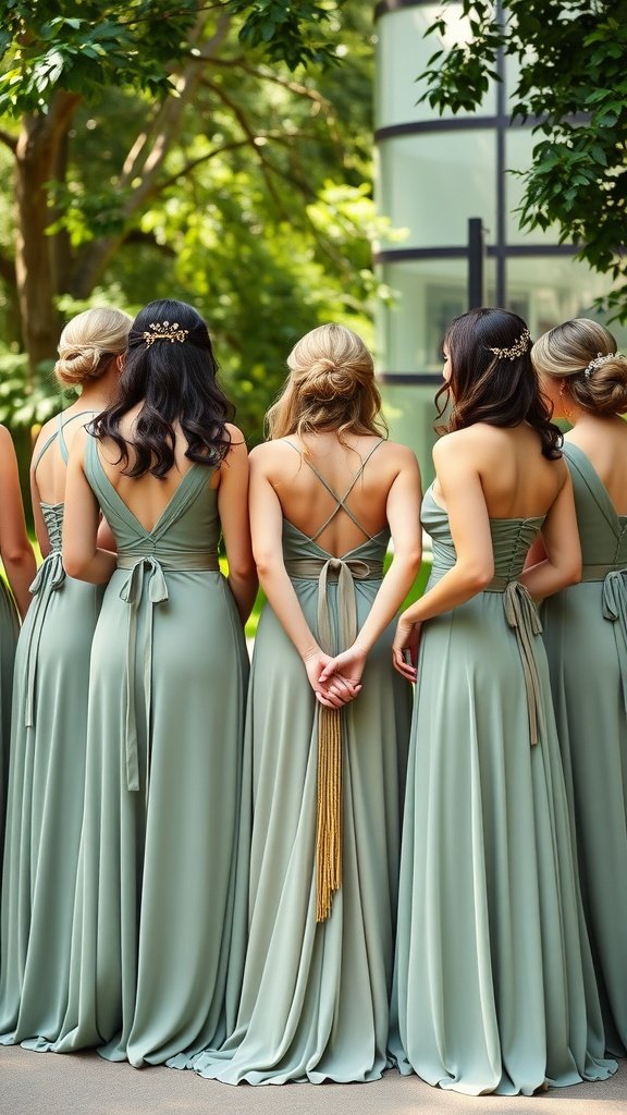 A group of bridesmaids wearing sage green dresses with unique back designs, set against a backdrop of greenery.