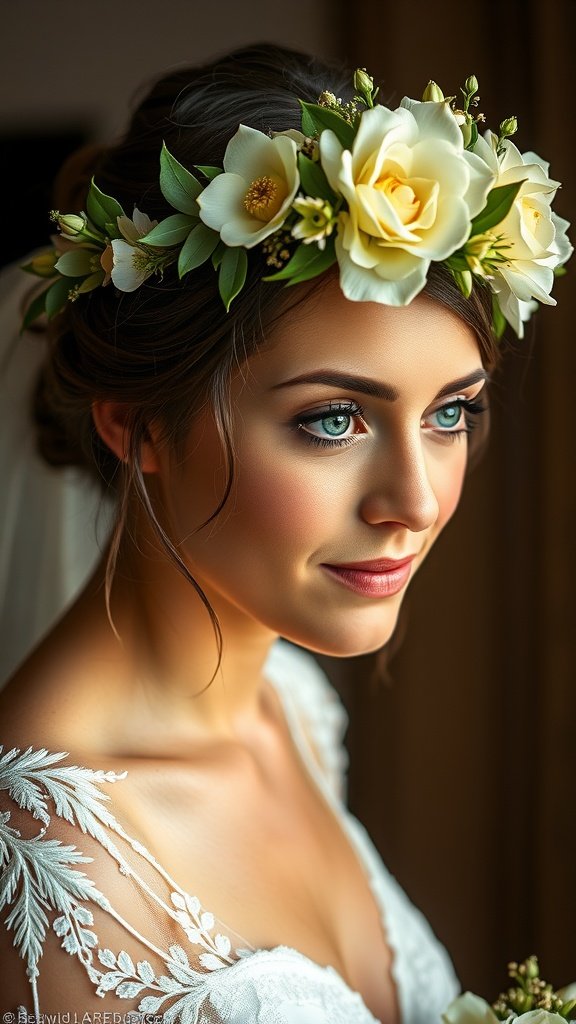 Bride wearing a sage green floral crown with white roses and yellow flowers.