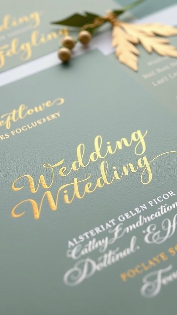 Sage green wedding invitations with gold calligraphy and decorative elements