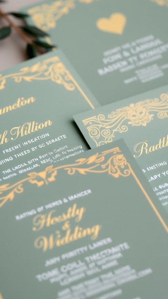 Sage green wedding invitations with gold foil designs