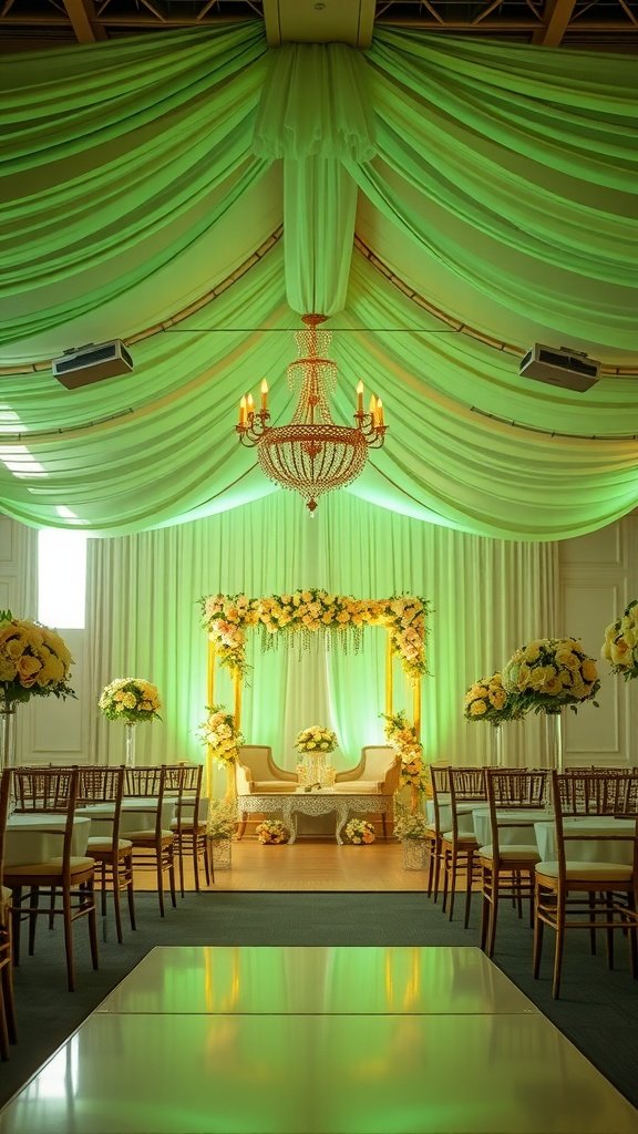 Elegant wedding setup featuring sage green lighting, floral arrangements, and gold accents.