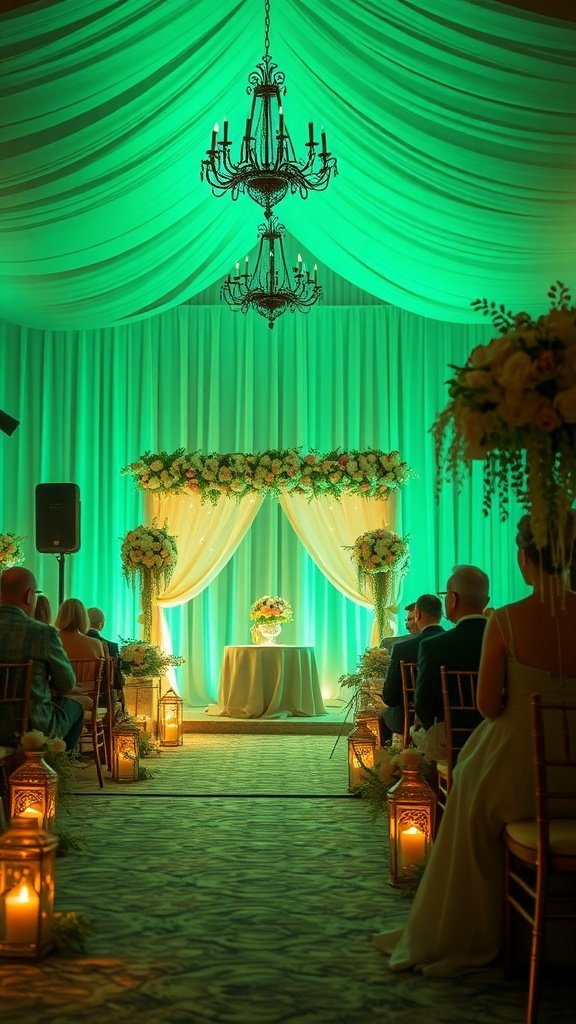 An elegantly decorated wedding venue featuring sage green lighting, chandeliers, floral arrangements, and lanterns.