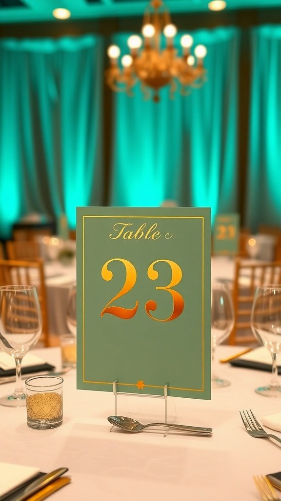 Sage green table number 23 with gold accents at a wedding reception