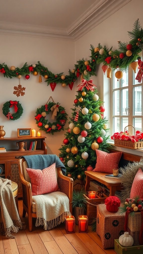 Cozy room decorated for Christmas with a tree, wreaths, and festive pillows.