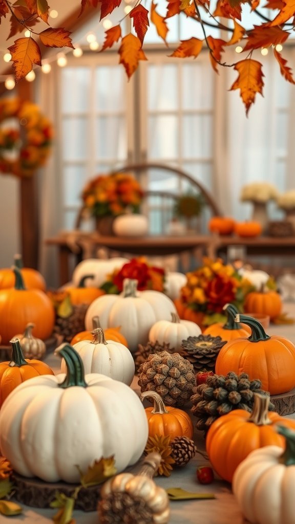 A cozy autumn-themed bridal shower setup with pumpkins, pinecones, and warm decorations.