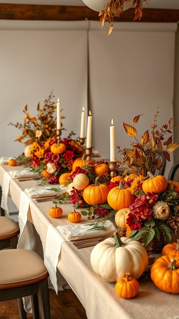 A romantic wedding table setting featuring pumpkins and autumn flowers.