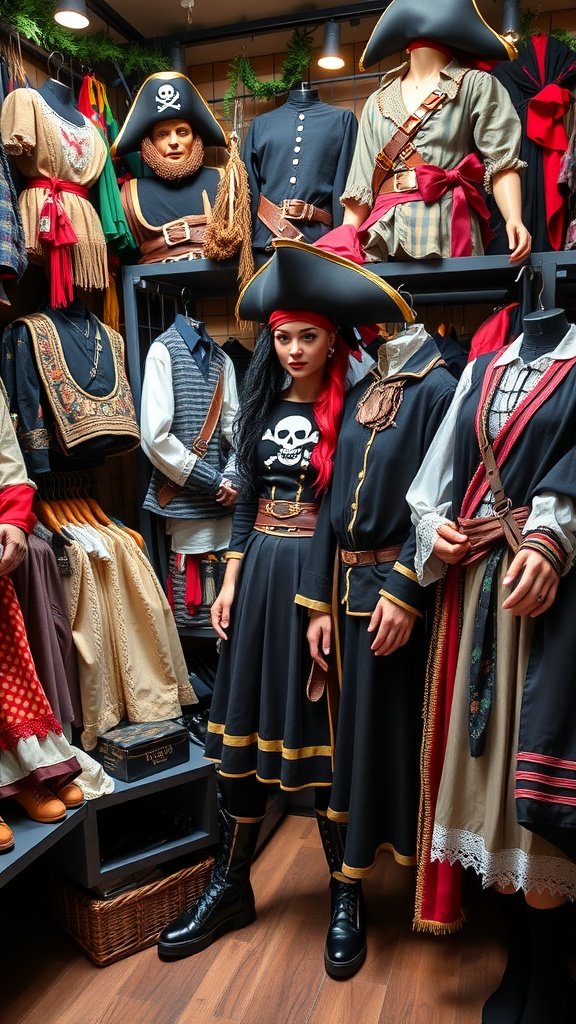 A display of various pirate costumes, showcasing different styles and accessories, with a focus on a female model in a pirate outfit.