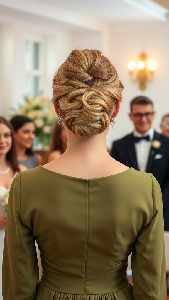 A woman with an elegant updo hairstyle wearing an olive green dress at a wedding ceremony.