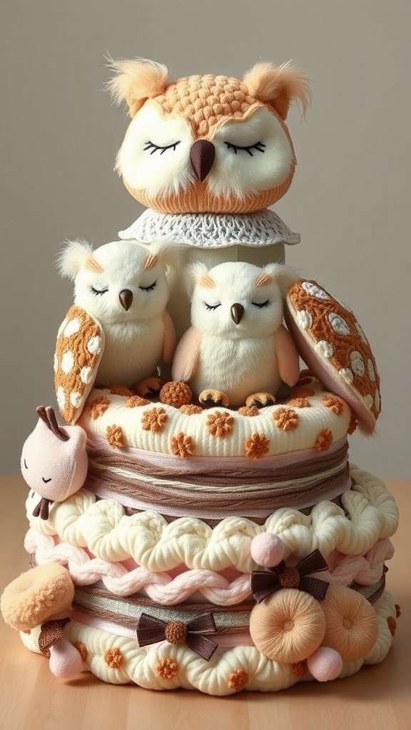 A diaper cake featuring an owl theme, with plush owls resting on top of layered diapers.