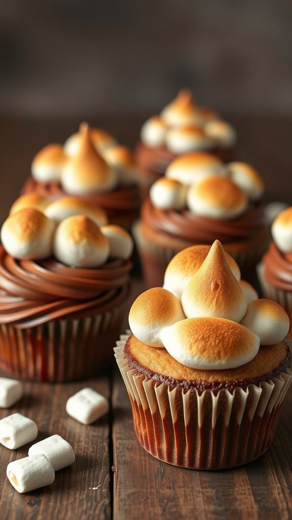 S'mores inspired Easter cupcakes topped with toasted marshmallows and chocolate frosting.