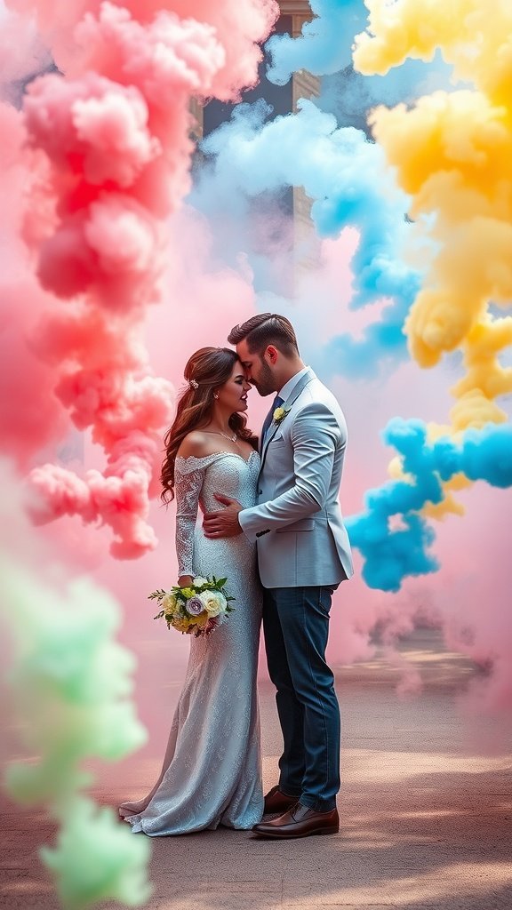 A couple embracing amid colorful smoke bombs at their wedding.