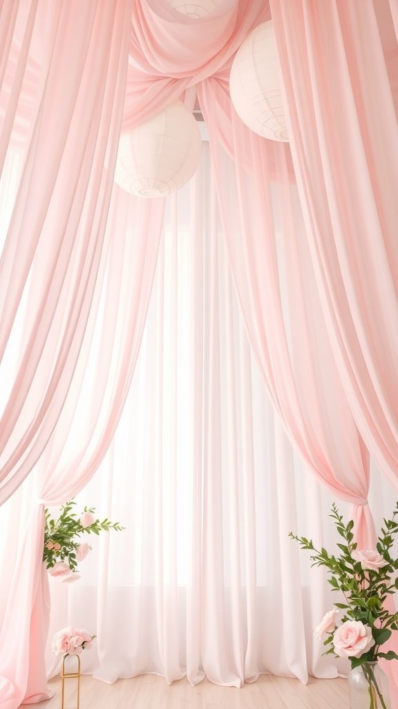 Soft pink draping fabrics with lanterns and floral arrangements, creating a romantic wedding decor setting.