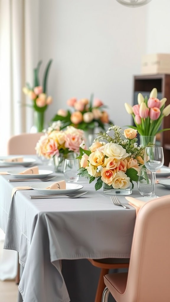 A beautifully set table for a bridal shower with pastel flowers and elegant decor