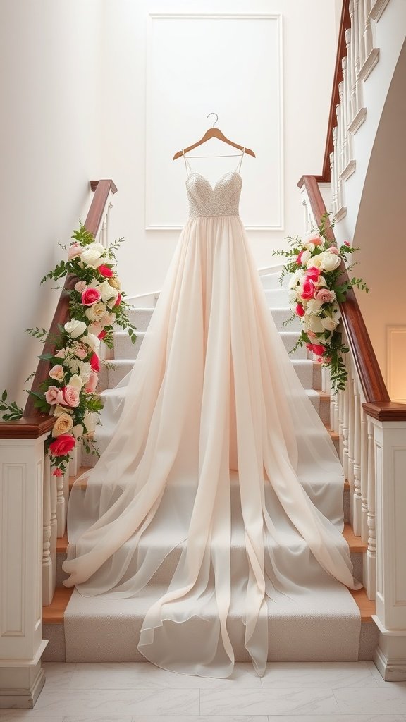 A romantic wedding dress in soft pastel hues hanging on a staircase, adorned with flowers.