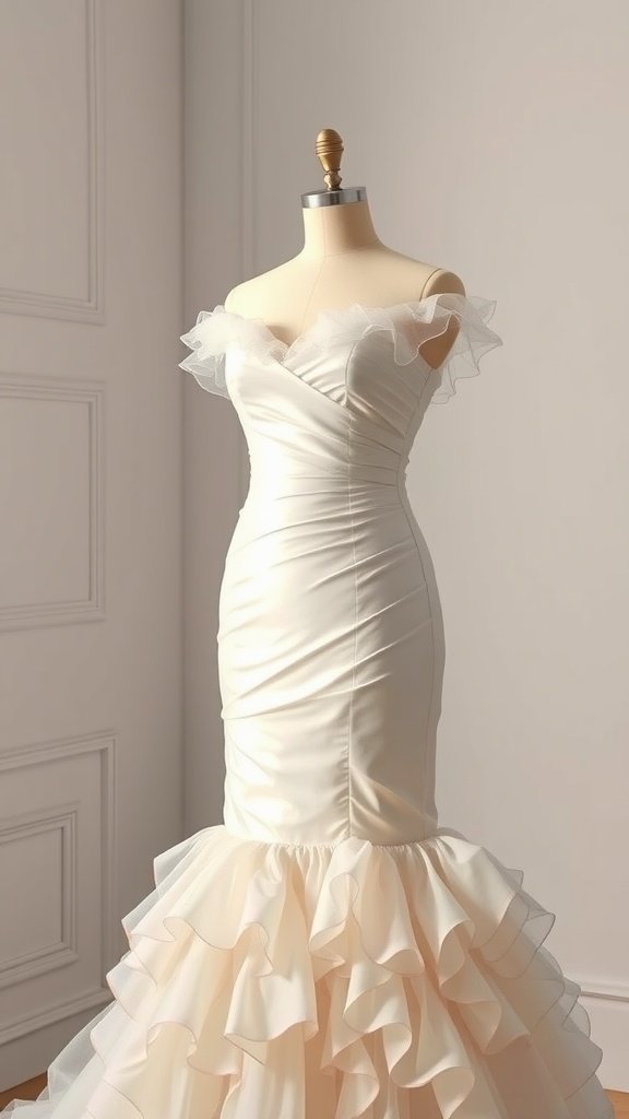 A romantic wedding dress featuring soft ruffled layers and an off-shoulder design.