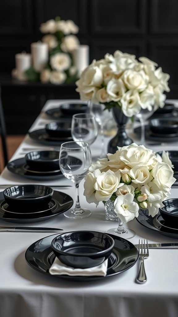Elegant black and white wedding table setting with white floral arrangements