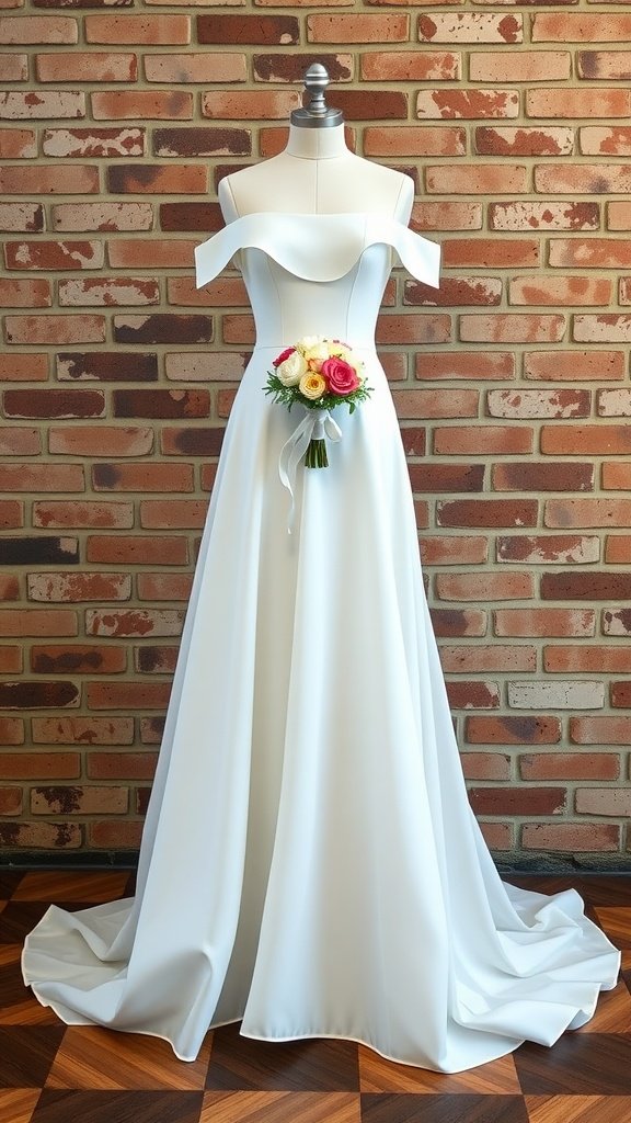 Elegant off-the-shoulder wedding dress displayed on a mannequin, featuring a flowing skirt and floral bouquet.