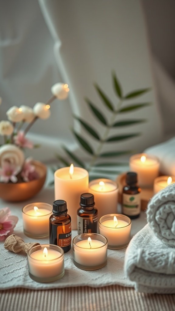 A relaxing spa setup with candles, essential oils, and flowers