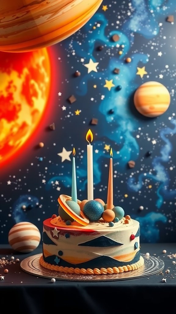 A colorful space-themed birthday cake with planets, stars, and candles, set against a cosmic background.