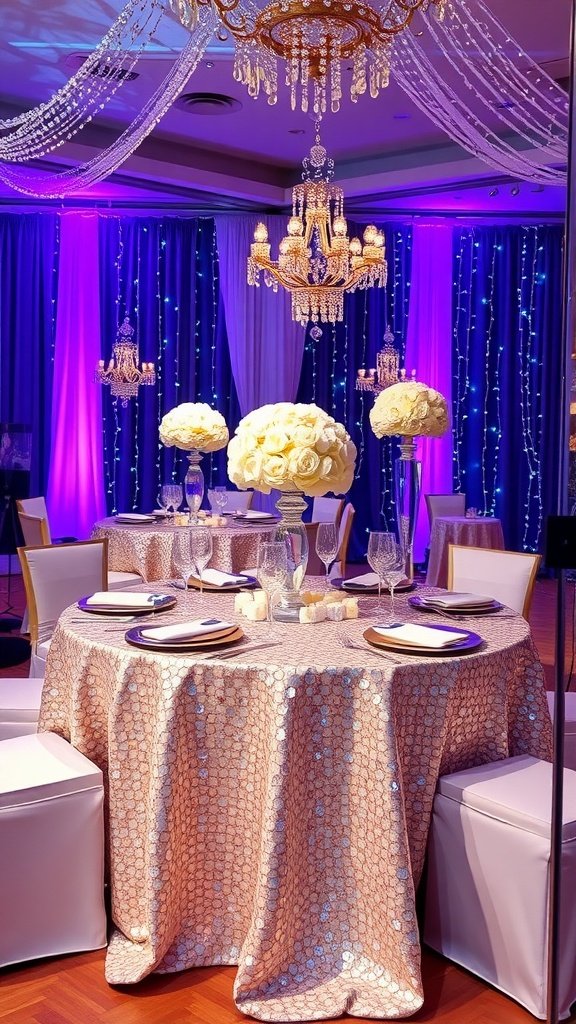 Elegant wedding table with sparkling sequin tablecloth, floral centerpieces, and chandelier lighting.