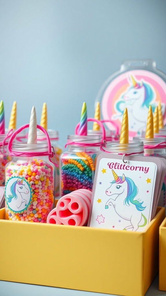 Colorful jars with unicorn-themed party favors for a birthday celebration.