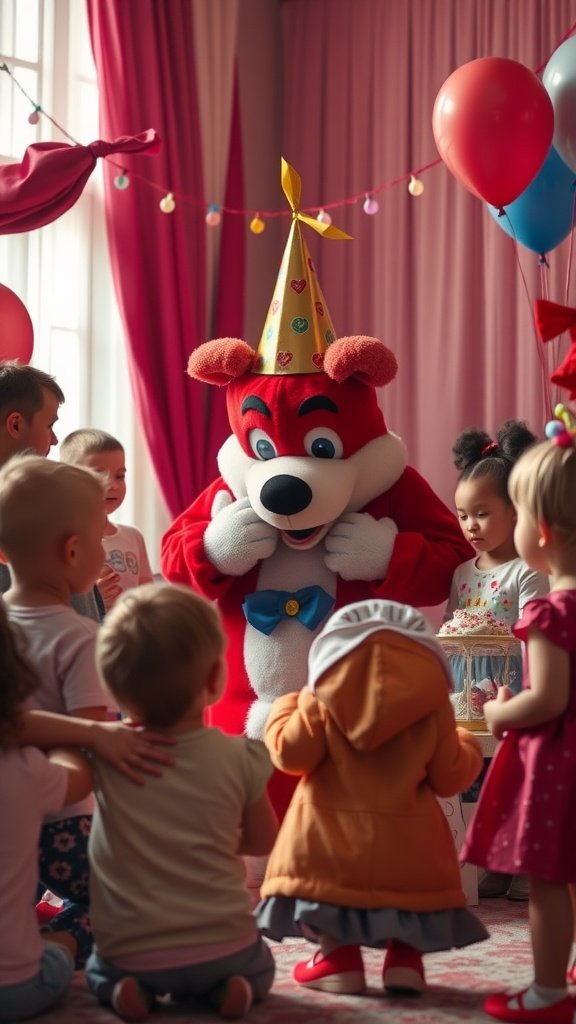 A cheerful mascot entertaining children at a birthday party.