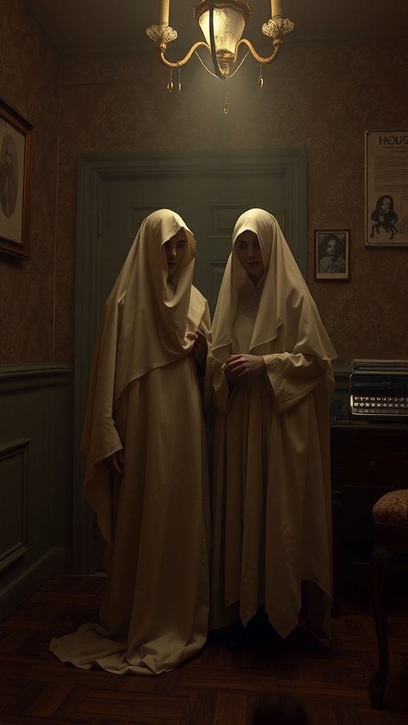 Two figures dressed in white ghost costumes in a dimly lit room.