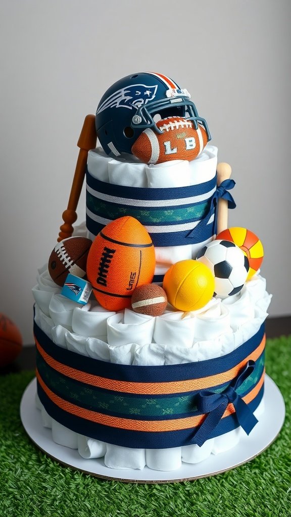A diaper cake designed for a baby boy, featuring sports items like a football helmet and various sports balls, decorated with colorful ribbons.