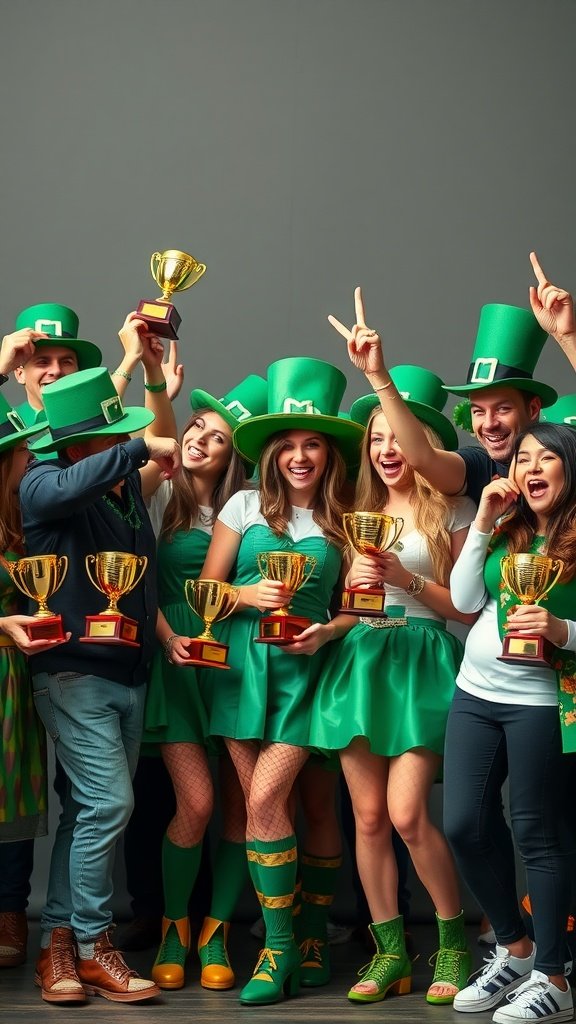 Group of people in green costumes celebrating with trophies on St. Patrick's Day